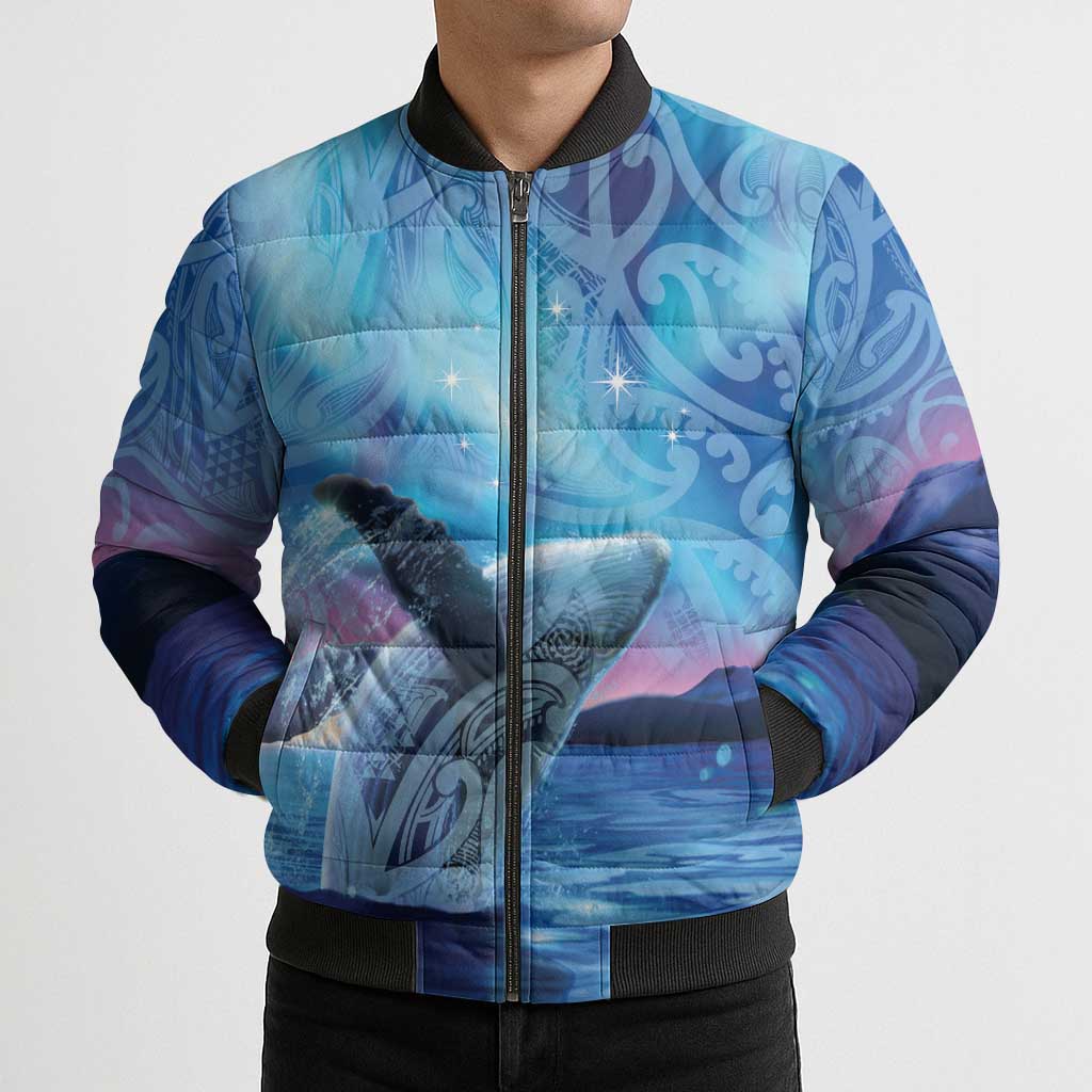 New Zealand Matariki Humpback Whale Bomber Puffer Jacket Paikea Maori New Year Blue Galaxy