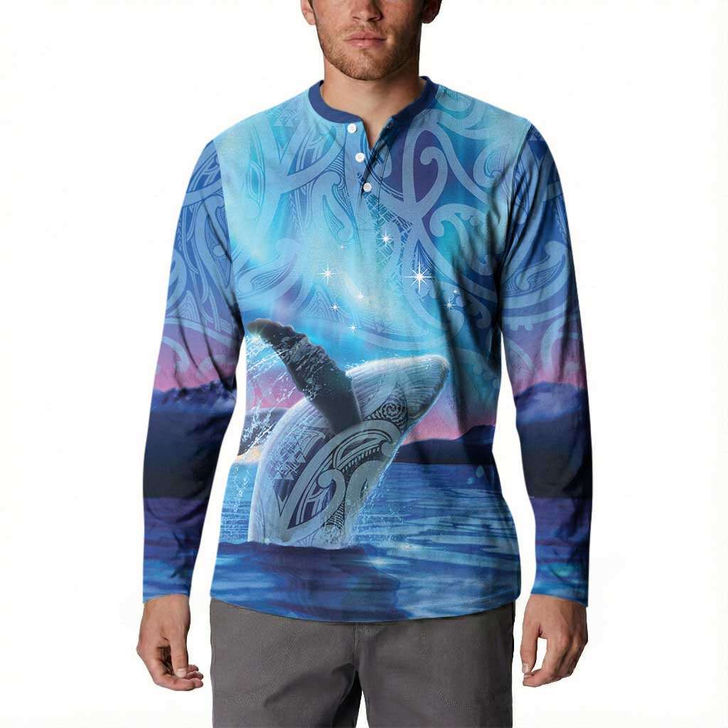 New Zealand Matariki Humpback Whale Button Sweatshirt Paikea Maori New Year Blue Galaxy