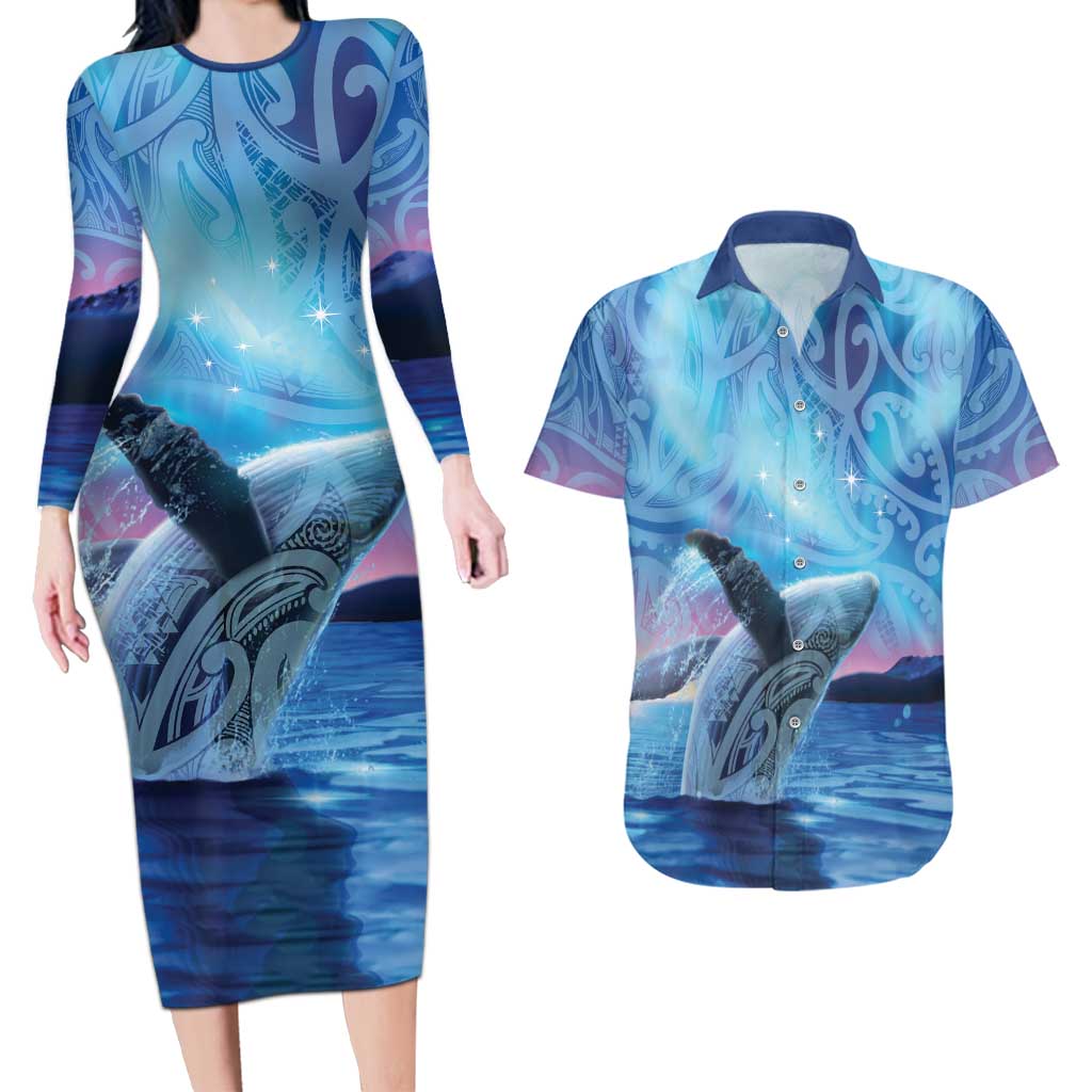 New Zealand Matariki Humpback Whale Couples Matching Long Sleeve Bodycon Dress and Hawaiian Shirt Paikea Maori New Year Blue Galaxy LT14 Blue - Polynesian Pride