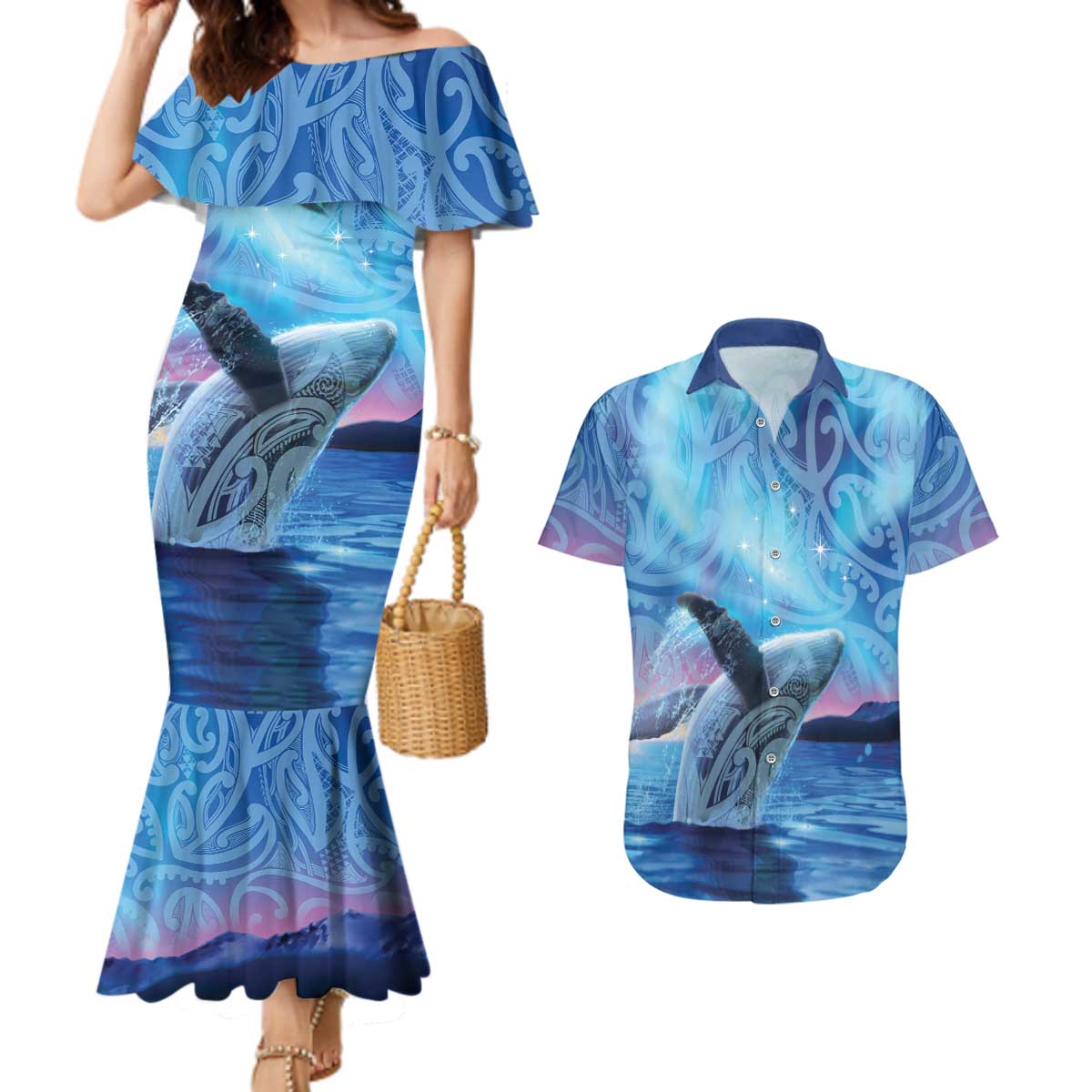 New Zealand Matariki Humpback Whale Couples Matching Mermaid Dress and Hawaiian Shirt Paikea Maori New Year Blue Galaxy LT14 Blue - Polynesian Pride