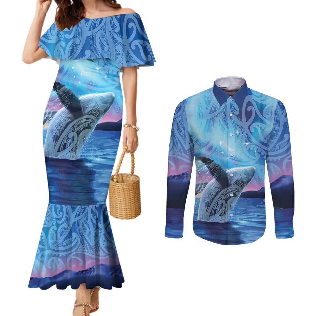 New Zealand Matariki Humpback Whale Couples Matching Mermaid Dress and Long Sleeve Button Shirt Paikea Maori New Year Blue Galaxy LT14 Blue - Polynesian Pride