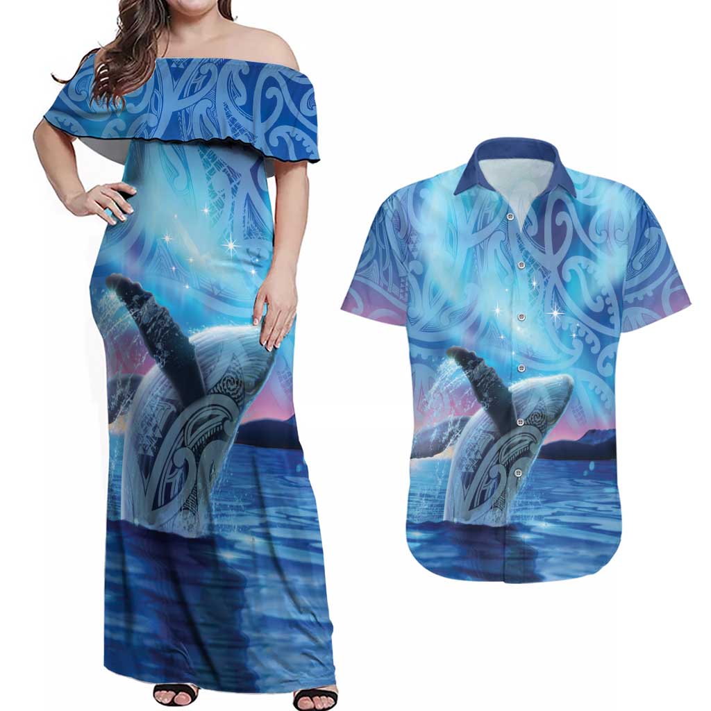 New Zealand Matariki Humpback Whale Couples Matching Off Shoulder Maxi Dress and Hawaiian Shirt Paikea Maori New Year Blue Galaxy LT14 Blue - Polynesian Pride