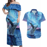 New Zealand Matariki Humpback Whale Couples Matching Off Shoulder Maxi Dress and Hawaiian Shirt Paikea Maori New Year Blue Galaxy LT14 Blue - Polynesian Pride