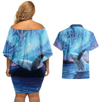 New Zealand Matariki Humpback Whale Couples Matching Off Shoulder Short Dress and Hawaiian Shirt Paikea Maori New Year Blue Galaxy LT14 - Polynesian Pride