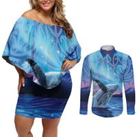 New Zealand Matariki Humpback Whale Couples Matching Off Shoulder Short Dress and Long Sleeve Button Shirt Paikea Maori New Year Blue Galaxy LT14 Blue - Polynesian Pride