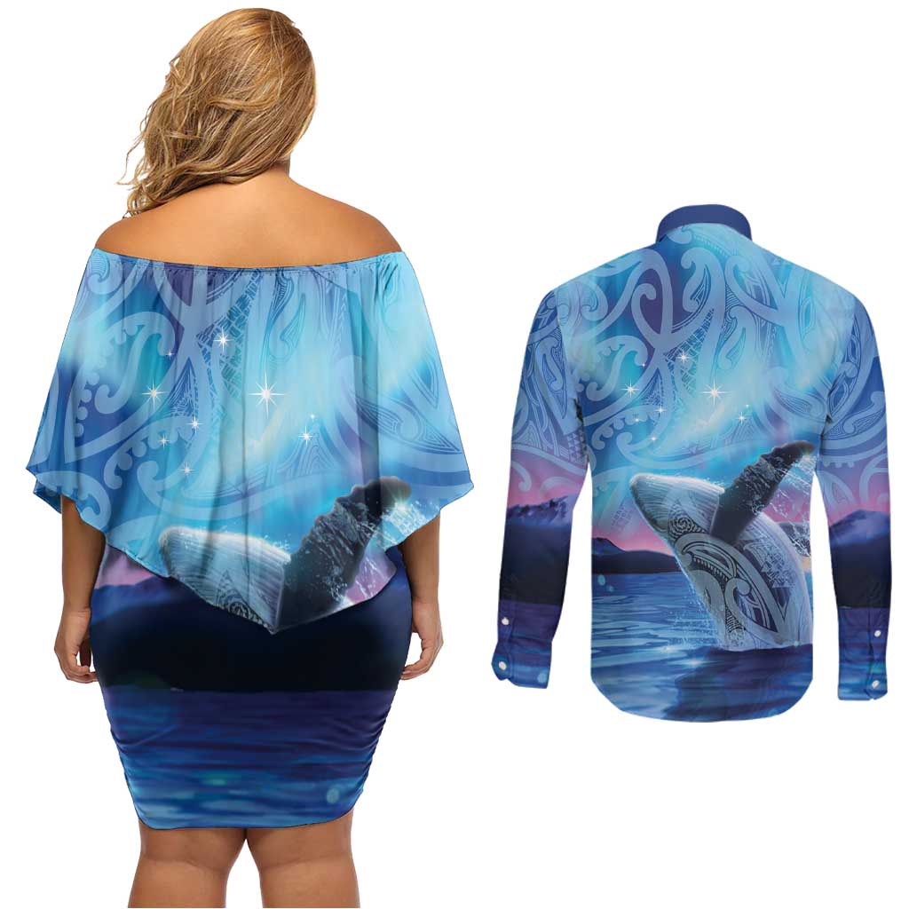 New Zealand Matariki Humpback Whale Couples Matching Off Shoulder Short Dress and Long Sleeve Button Shirt Paikea Maori New Year Blue Galaxy LT14 - Polynesian Pride