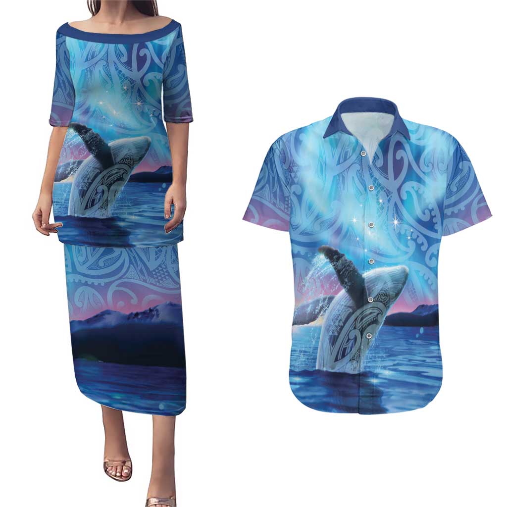 New Zealand Matariki Humpback Whale Couples Matching Puletasi and Hawaiian Shirt Paikea Maori New Year Blue Galaxy