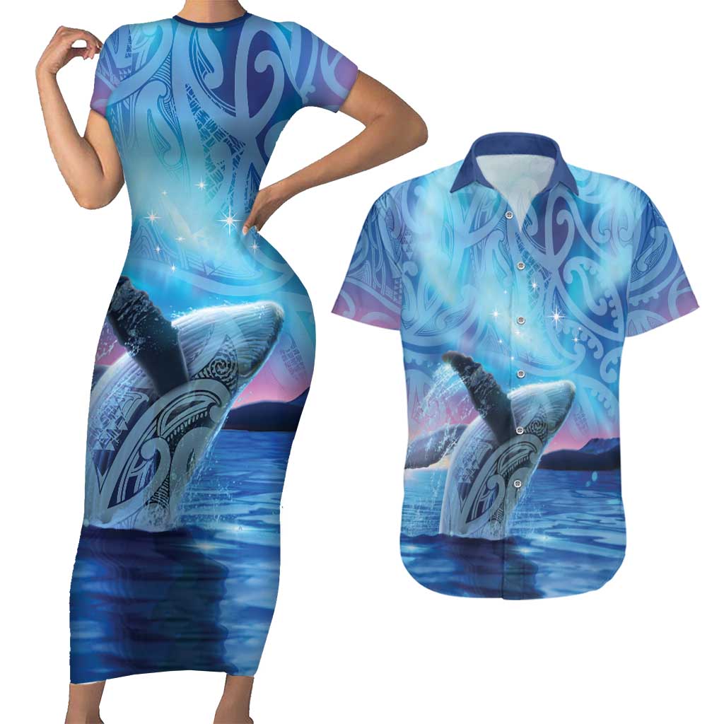 New Zealand Matariki Humpback Whale Couples Matching Short Sleeve Bodycon Dress and Hawaiian Shirt Paikea Maori New Year Blue Galaxy LT14 Blue - Polynesian Pride