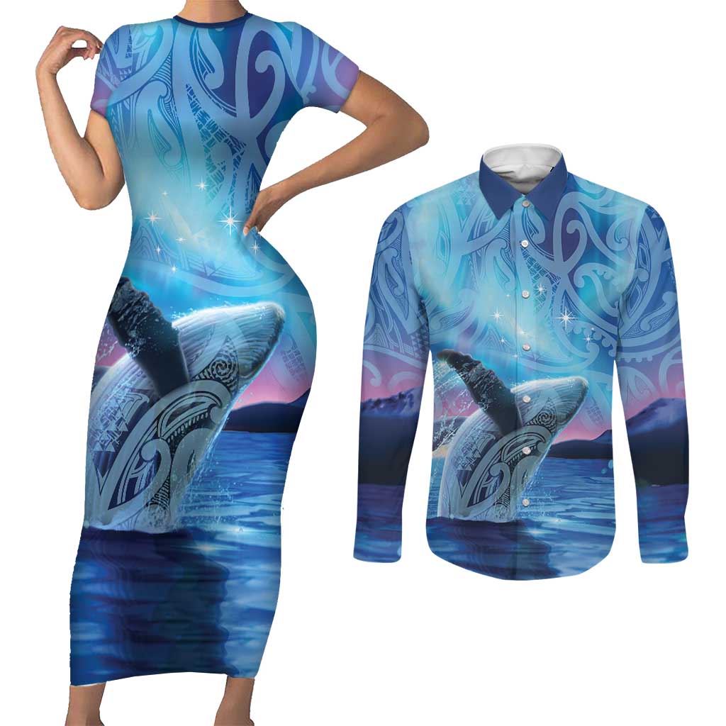 New Zealand Matariki Humpback Whale Couples Matching Short Sleeve Bodycon Dress and Long Sleeve Button Shirt Paikea Maori New Year Blue Galaxy LT14 Blue - Polynesian Pride