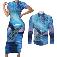 New Zealand Matariki Humpback Whale Couples Matching Short Sleeve Bodycon Dress and Long Sleeve Button Shirt Paikea Maori New Year Blue Galaxy LT14 Blue - Polynesian Pride