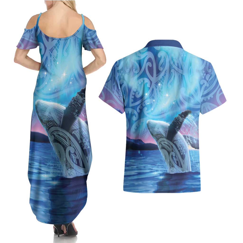 New Zealand Matariki Humpback Whale Couples Matching Summer Maxi Dress and Hawaiian Shirt Paikea Maori New Year Blue Galaxy LT14 - Polynesian Pride