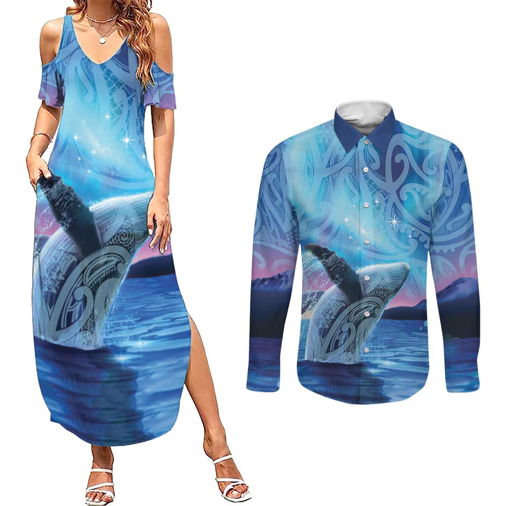 New Zealand Matariki Humpback Whale Couples Matching Summer Maxi Dress and Long Sleeve Button Shirt Paikea Maori New Year Blue Galaxy