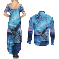 New Zealand Matariki Humpback Whale Couples Matching Summer Maxi Dress and Long Sleeve Button Shirt Paikea Maori New Year Blue Galaxy LT14 - Polynesian Pride