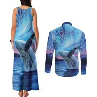 New Zealand Matariki Humpback Whale Couples Matching Tank Maxi Dress and Long Sleeve Button Shirt Paikea Maori New Year Blue Galaxy LT14 - Polynesian Pride