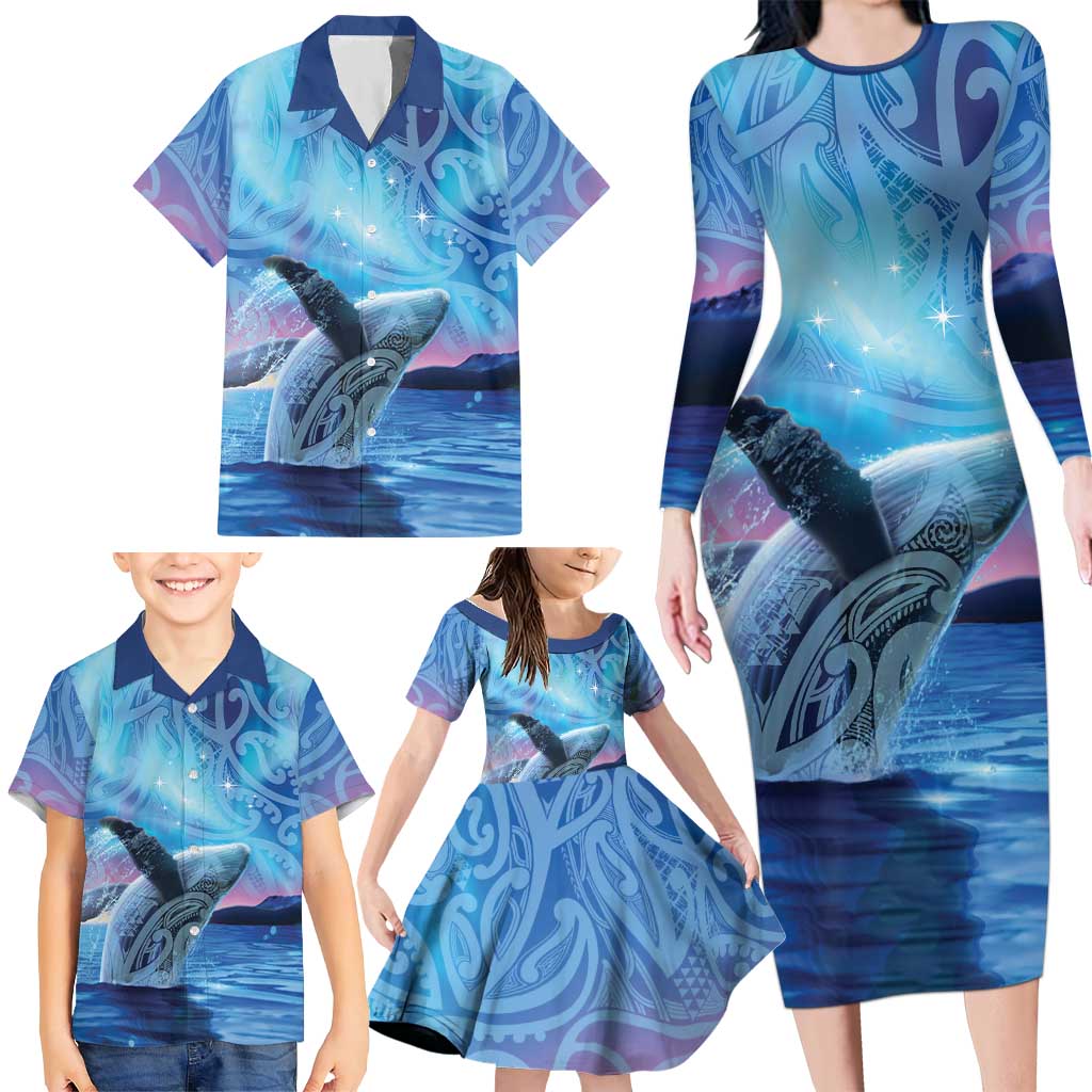 New Zealand Matariki Humpback Whale Family Matching Long Sleeve Bodycon Dress and Hawaiian Shirt Paikea Maori New Year Blue Galaxy LT14 - Polynesian Pride