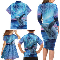 New Zealand Matariki Humpback Whale Family Matching Long Sleeve Bodycon Dress and Hawaiian Shirt Paikea Maori New Year Blue Galaxy LT14 - Polynesian Pride