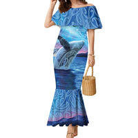 New Zealand Matariki Humpback Whale Family Matching Mermaid Dress and Hawaiian Shirt Paikea Maori New Year Blue Galaxy LT14 Mom's Dress Blue - Polynesian Pride