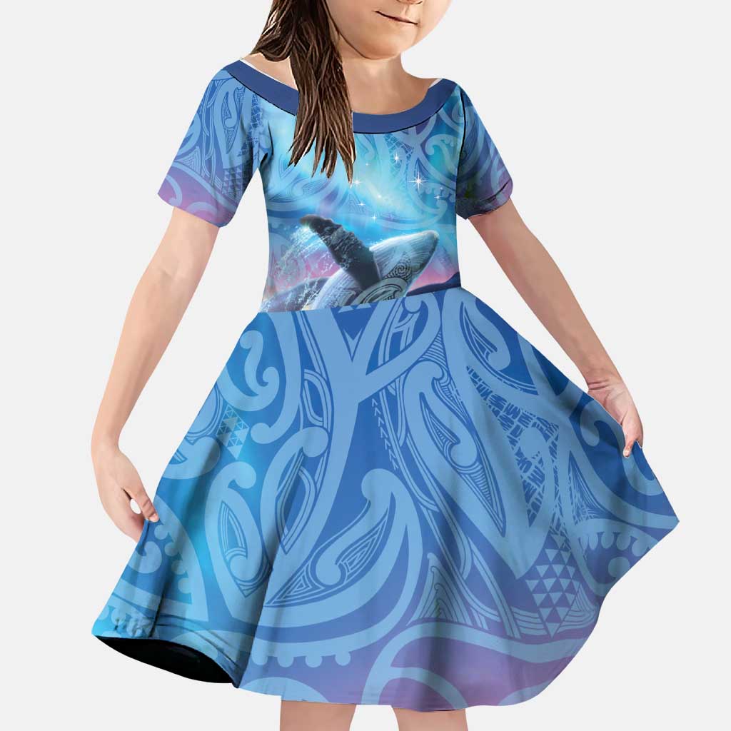 New Zealand Matariki Humpback Whale Family Matching Off The Shoulder Long Sleeve Dress and Hawaiian Shirt Paikea Maori New Year Blue Galaxy LT14 Daughter's Dress Blue - Polynesian Pride