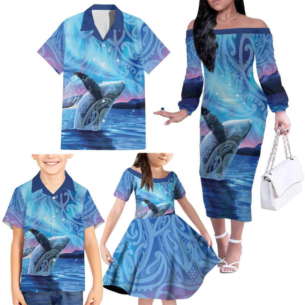 New Zealand Matariki Humpback Whale Family Matching Off The Shoulder Long Sleeve Dress and Hawaiian Shirt Paikea Maori New Year Blue Galaxy