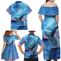 New Zealand Matariki Humpback Whale Family Matching Off Shoulder Maxi Dress and Hawaiian Shirt Paikea Maori New Year Blue Galaxy LT14 - Polynesian Pride