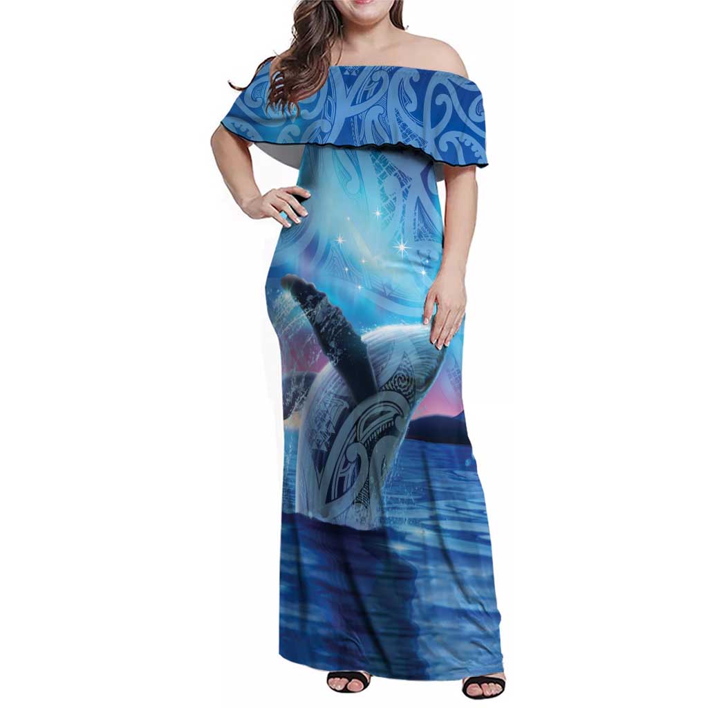 New Zealand Matariki Humpback Whale Family Matching Off Shoulder Maxi Dress and Hawaiian Shirt Paikea Maori New Year Blue Galaxy LT14 Mom's Dress Blue - Polynesian Pride