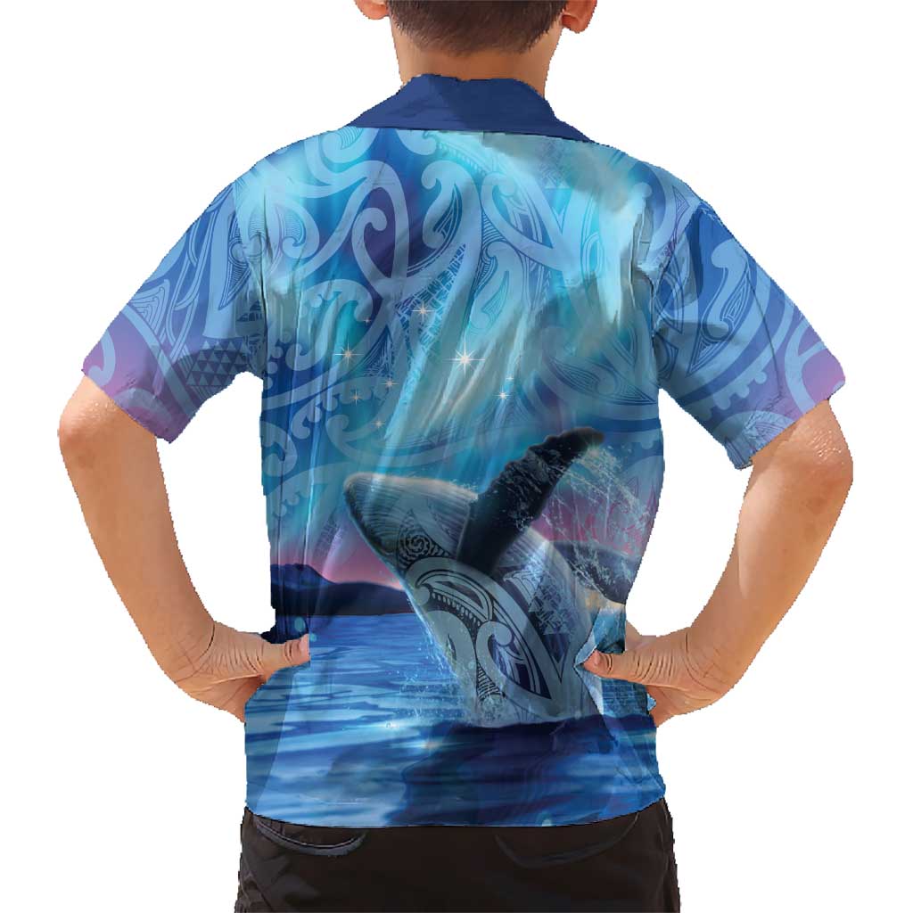 New Zealand Matariki Humpback Whale Family Matching Off Shoulder Short Dress and Hawaiian Shirt Paikea Maori New Year Blue Galaxy LT14 - Polynesian Pride