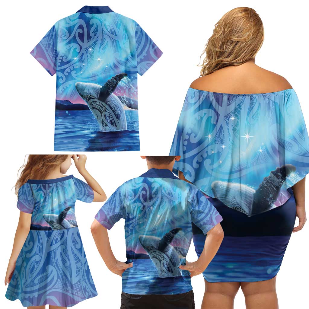 New Zealand Matariki Humpback Whale Family Matching Off Shoulder Short Dress and Hawaiian Shirt Paikea Maori New Year Blue Galaxy LT14 - Polynesian Pride