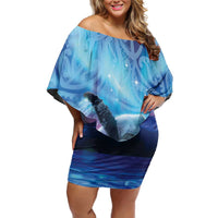 New Zealand Matariki Humpback Whale Family Matching Off Shoulder Short Dress and Hawaiian Shirt Paikea Maori New Year Blue Galaxy LT14 Mom's Dress Blue - Polynesian Pride