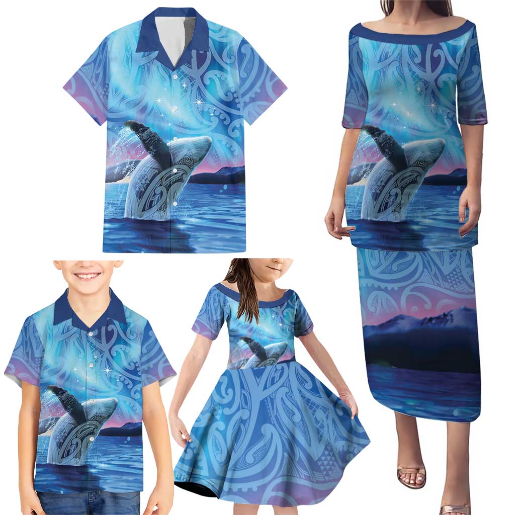 New Zealand Matariki Humpback Whale Family Matching Puletasi and Hawaiian Shirt Paikea Maori New Year Blue Galaxy
