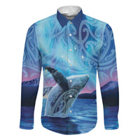 New Zealand Matariki Humpback Whale Family Matching Short Sleeve Bodycon Dress and Hawaiian Shirt Paikea Maori New Year Blue Galaxy LT14 Dad's Shirt - Long Sleeve Blue - Polynesian Pride