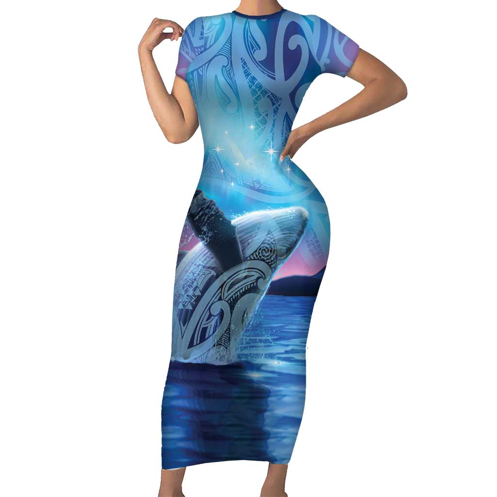 New Zealand Matariki Humpback Whale Family Matching Short Sleeve Bodycon Dress and Hawaiian Shirt Paikea Maori New Year Blue Galaxy LT14 Mom's Dress Blue - Polynesian Pride