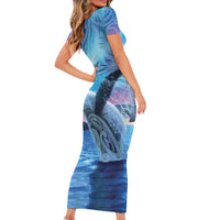 New Zealand Matariki Humpback Whale Family Matching Short Sleeve Bodycon Dress and Hawaiian Shirt Paikea Maori New Year Blue Galaxy LT14 - Polynesian Pride