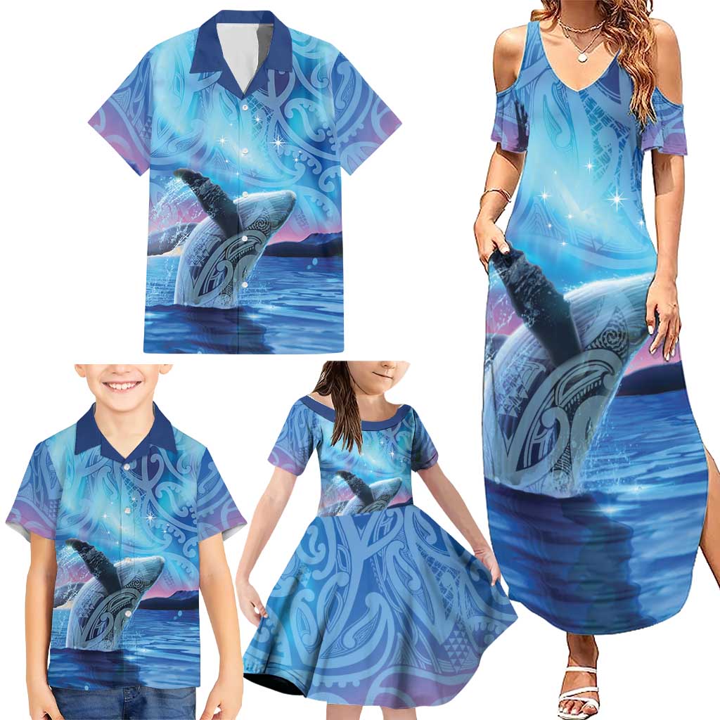 New Zealand Matariki Humpback Whale Family Matching Summer Maxi Dress and Hawaiian Shirt Paikea Maori New Year Blue Galaxy LT14 - Polynesian Pride