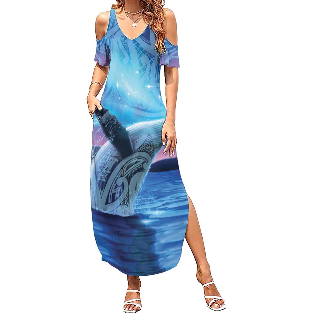 New Zealand Matariki Humpback Whale Family Matching Summer Maxi Dress and Hawaiian Shirt Paikea Maori New Year Blue Galaxy LT14 Mom's Dress Blue - Polynesian Pride