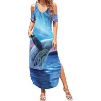 New Zealand Matariki Humpback Whale Family Matching Summer Maxi Dress and Hawaiian Shirt Paikea Maori New Year Blue Galaxy LT14 Mom's Dress Blue - Polynesian Pride