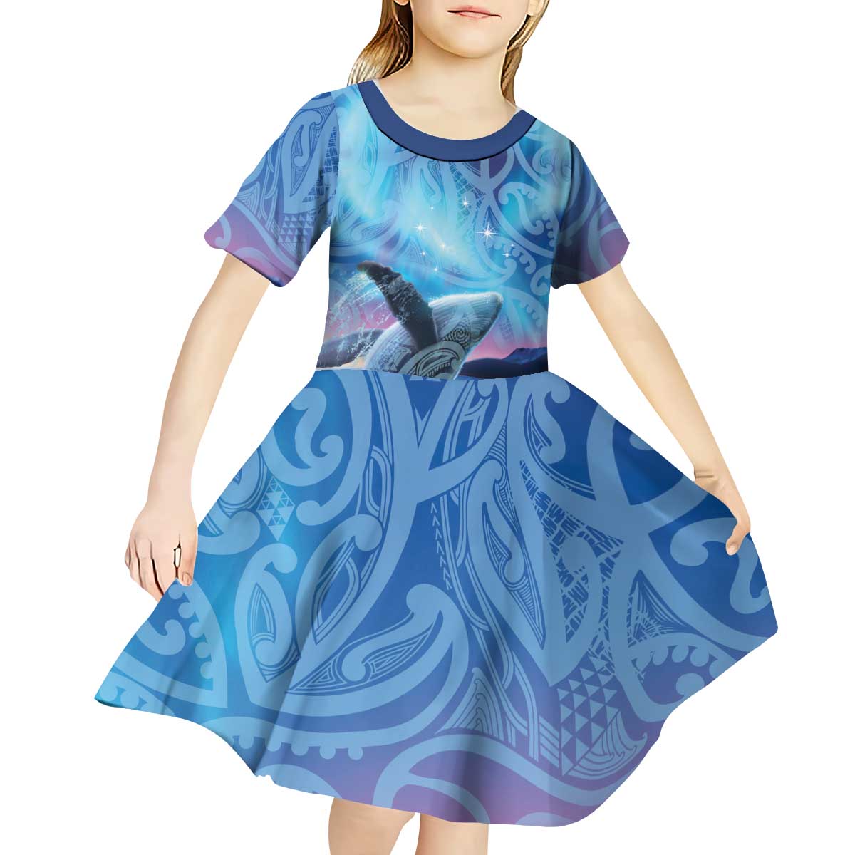 New Zealand Matariki Humpback Whale Kid Short Sleeve Dress Paikea Maori New Year Blue Galaxy