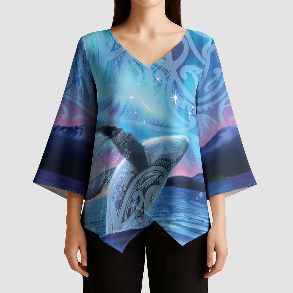 New Zealand Matariki Humpback Whale Kimono Sleeve Blouse Paikea Maori New Year Blue Galaxy