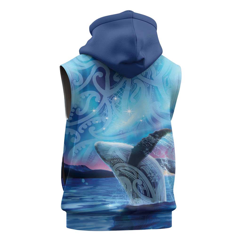 New Zealand Matariki Humpback Whale Sleeveless Hoodie Paikea Maori New Year Blue Galaxy