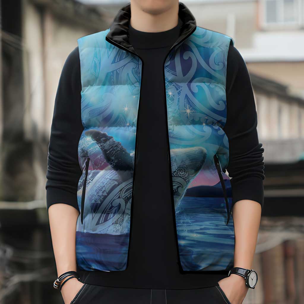 New Zealand Matariki Humpback Whale Sleeveless Puffer Jacket Paikea Maori New Year Blue Galaxy
