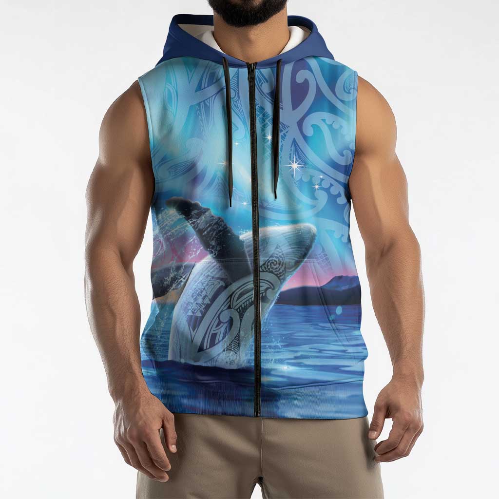 New Zealand Matariki Humpback Whale Sleeveless Zip Hoodie Paikea Maori New Year Blue Galaxy