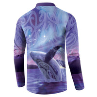 New Zealand Matariki Humpback Whale Button Sweatshirt Paikea Maori New Year Purple Galaxy