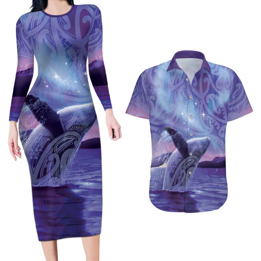 New Zealand Matariki Humpback Whale Couples Matching Long Sleeve Bodycon Dress and Hawaiian Shirt Paikea Maori New Year Purple Galaxy LT14 Purple - Polynesian Pride
