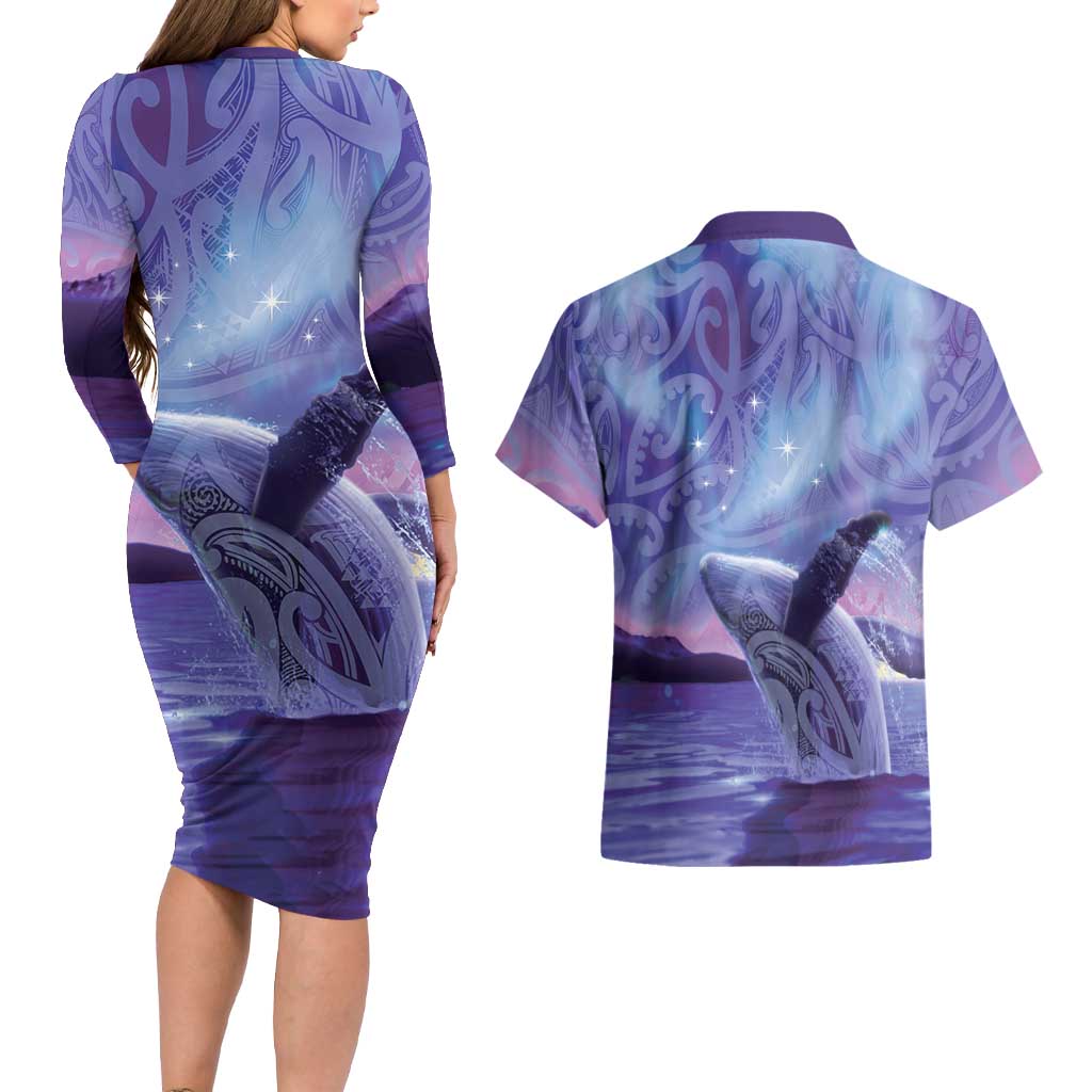 New Zealand Matariki Humpback Whale Couples Matching Long Sleeve Bodycon Dress and Hawaiian Shirt Paikea Maori New Year Purple Galaxy LT14 - Polynesian Pride