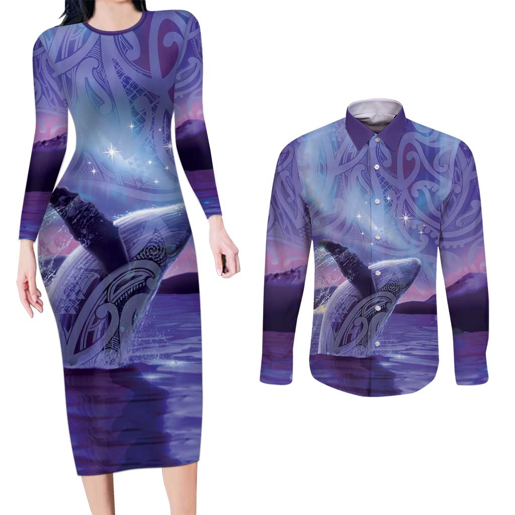 New Zealand Matariki Humpback Whale Couples Matching Long Sleeve Bodycon Dress and Long Sleeve Button Shirt Paikea Maori New Year Purple Galaxy LT14 Purple - Polynesian Pride