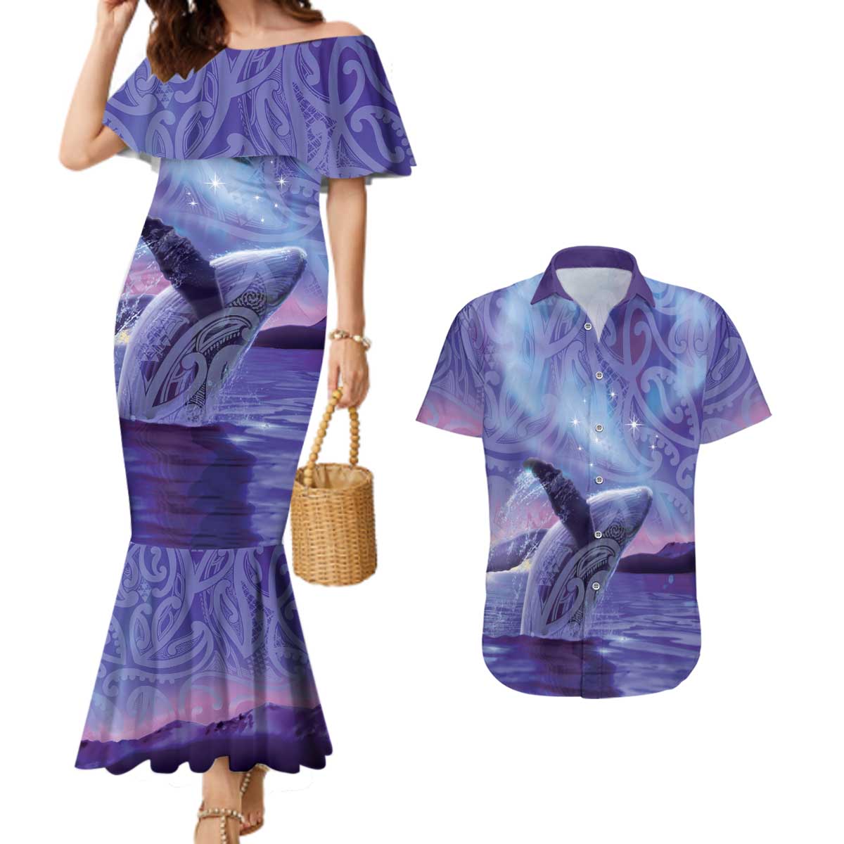 New Zealand Matariki Humpback Whale Couples Matching Mermaid Dress and Hawaiian Shirt Paikea Maori New Year Purple Galaxy LT14 Purple - Polynesian Pride