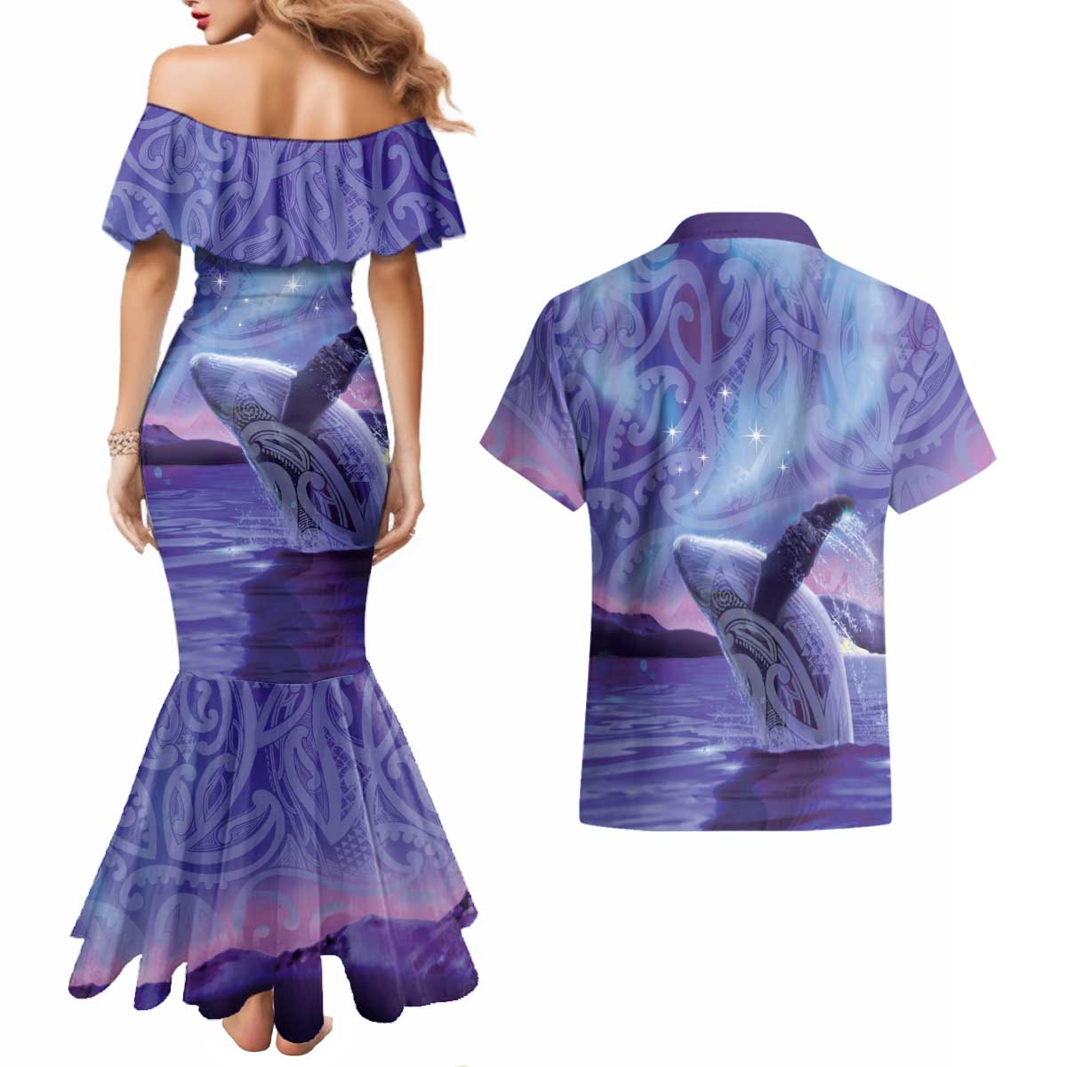 New Zealand Matariki Humpback Whale Couples Matching Mermaid Dress and Hawaiian Shirt Paikea Maori New Year Purple Galaxy LT14 - Polynesian Pride