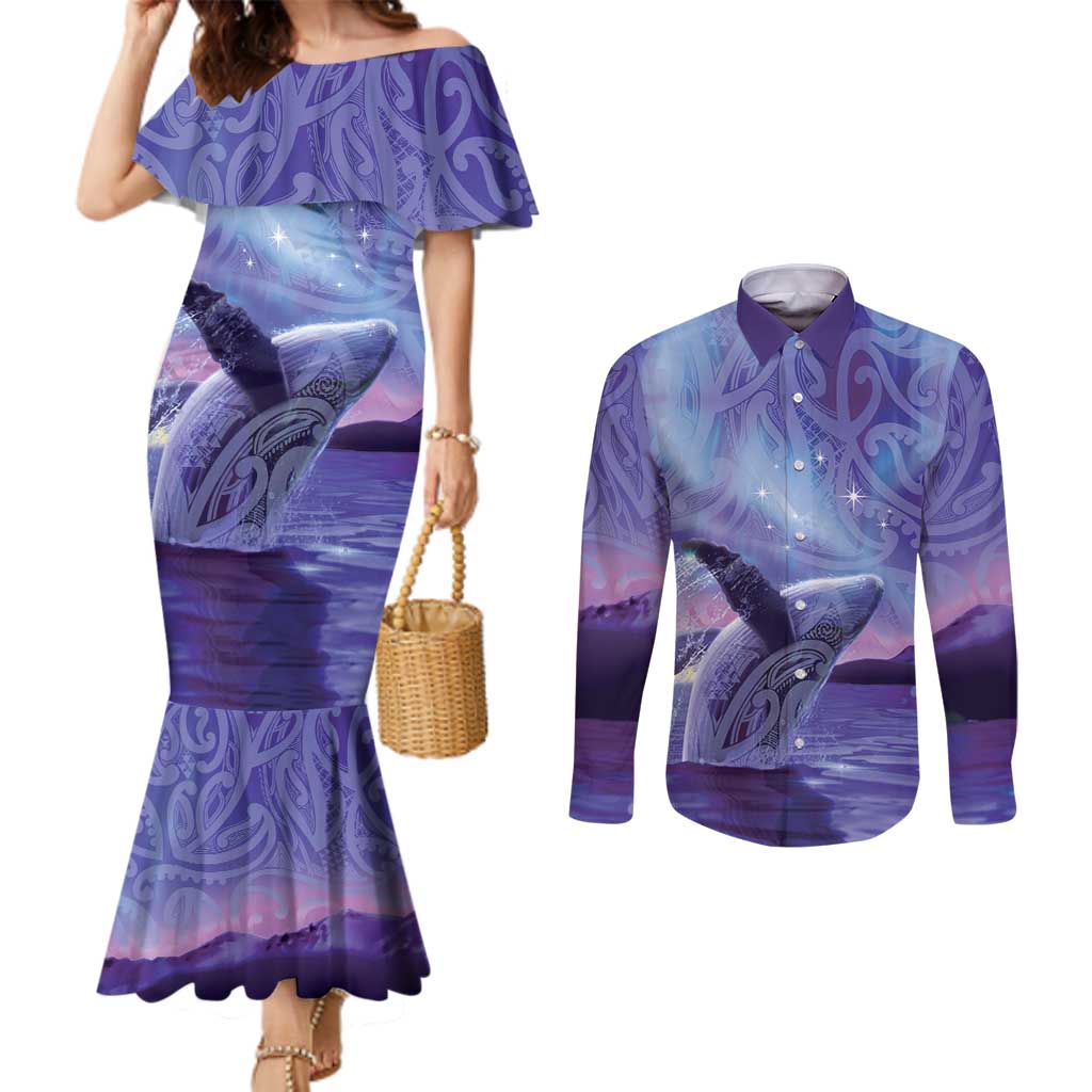 New Zealand Matariki Humpback Whale Couples Matching Mermaid Dress and Long Sleeve Button Shirt Paikea Maori New Year Purple Galaxy LT14 Purple - Polynesian Pride