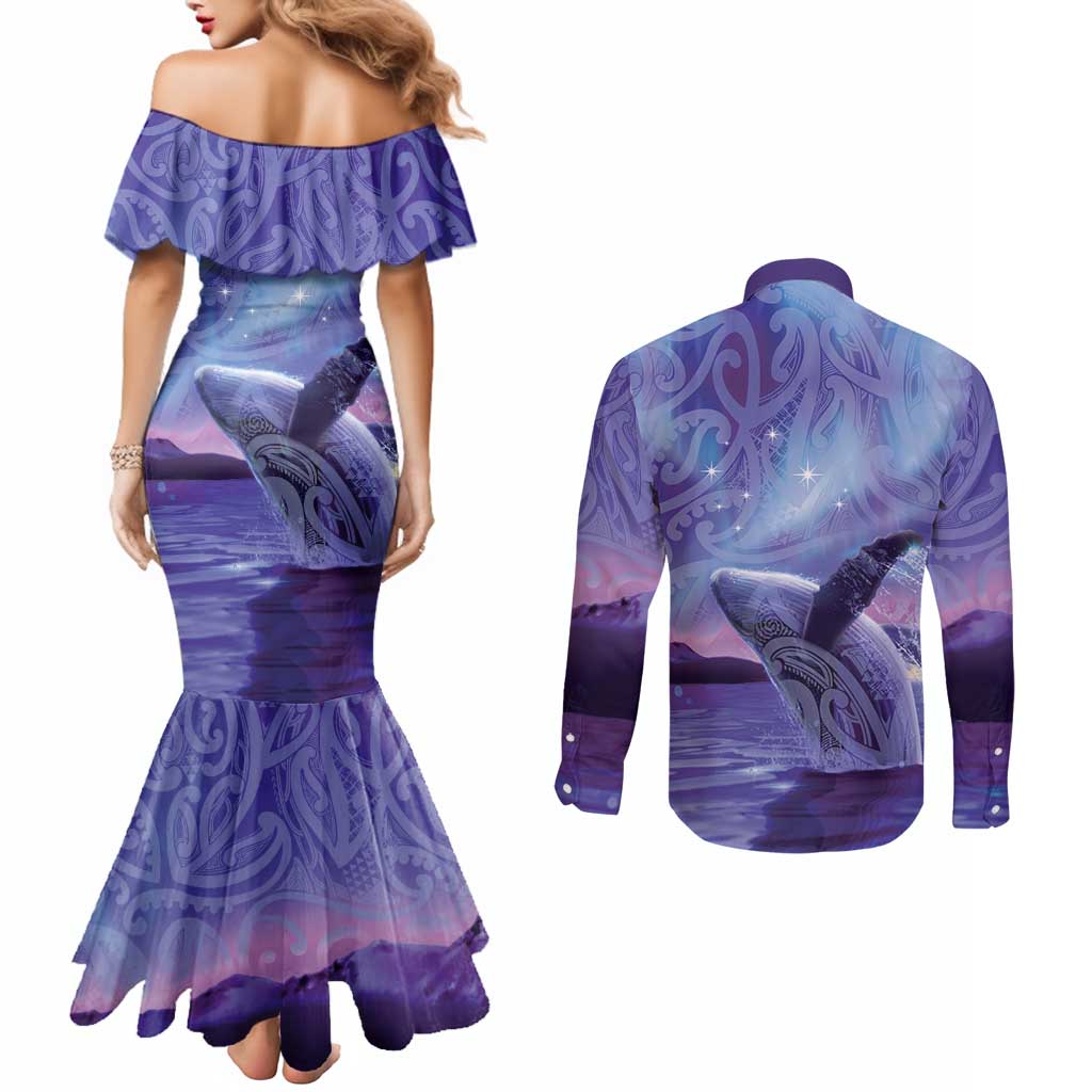 New Zealand Matariki Humpback Whale Couples Matching Mermaid Dress and Long Sleeve Button Shirt Paikea Maori New Year Purple Galaxy LT14 - Polynesian Pride