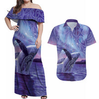 New Zealand Matariki Humpback Whale Couples Matching Off Shoulder Maxi Dress and Hawaiian Shirt Paikea Maori New Year Purple Galaxy LT14 Purple - Polynesian Pride