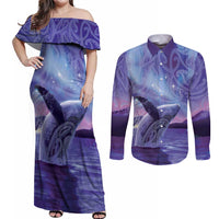 New Zealand Matariki Humpback Whale Couples Matching Off Shoulder Maxi Dress and Long Sleeve Button Shirt Paikea Maori New Year Purple Galaxy LT14 Purple - Polynesian Pride